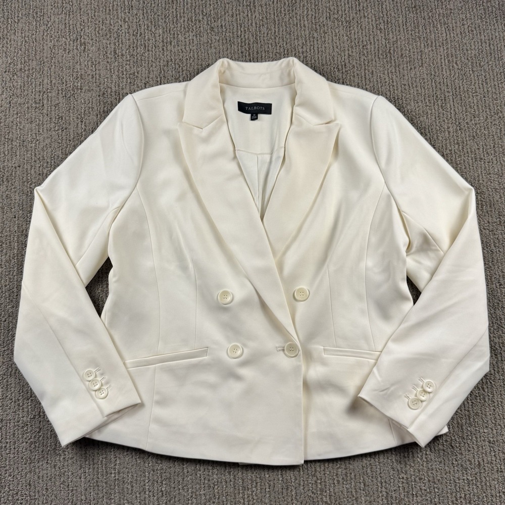 Talbots Womens 10 Double Breasted Blazer Jacket Ivory Polyester Stretch